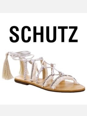 Schutz Jolina Strappy Wrap Sandals Crystal Embellished Sand Pearl 7½ NWT Edgy
